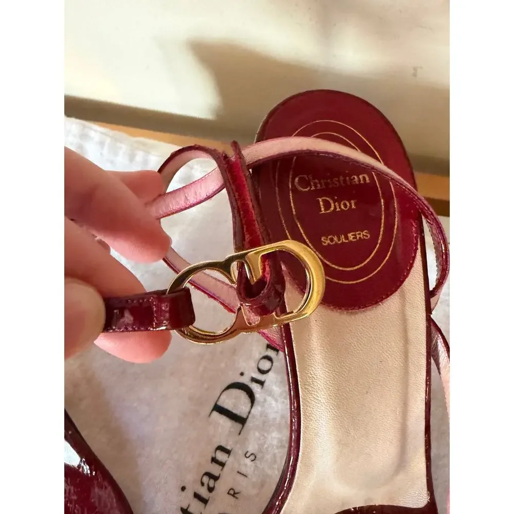 Christian Dior Burgundy Patent Leather CD Logo Ankle Strap Sandals Heels EU 38